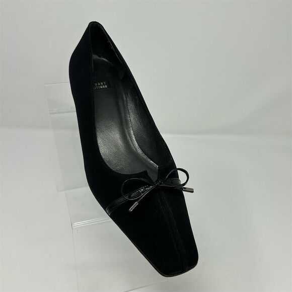 Stuart Weitzman Women's Black Kitten Heel Pumps Square Toe Bow Accent Size 8.5 B - Picture 2 of 12